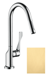 Смеситель для кухни/мойки Axor Citterio 250, однорычажный, керамический, с поворотным/вытяжным изливом, длина 22 см, латунь, цвет шлифованное золото, кухонный