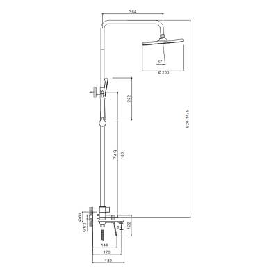 Душевая система Splenka S04.24.06 высота 820-1475 мм цвет черный, комплект: однорычажный смеситель/излив/тропический душ круглый (с верхней лейкой)/лейка/стойка/шланг, латунь