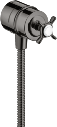 Шланговое подсоединение Axor Montreux Fixfit Stop, размер 6х6 см, цвет полированный черный хром, круглое, латунное, с клапаном обратного тока, с запорным вентилем, с крестообразной рукояткой, подключение для душевого шланга