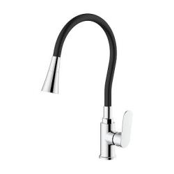 Смеситель для кухни/мойки Splenka S41.43 однорычажный, поворотный/гибкий излив, 2 режима поток воды и душ, керамический, высота 146 мм, длина 200 мм, латунь/силикон, цвет хром/черный