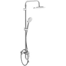 Душевая система Damixa Jupiter высота от 1050-1450 мм цвет хром, комплект: однорычажный смеситель/поворотный излив/тропический душ (с верхней лейкой)/стойка/лейка/шланг, наружного монтажа