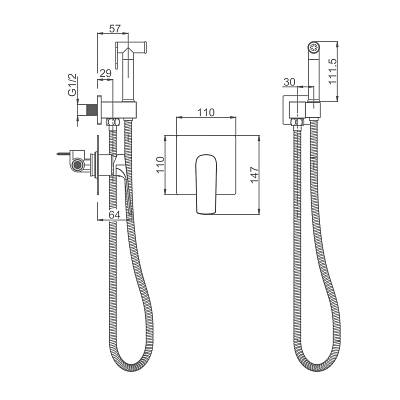 Смеситель с гигиеническим душем Splenka S30.53.09 встраиваемый, однорычажный, керамический, без излива, с гибким шлангом/лейкой, латунь/пластик, цвет графит