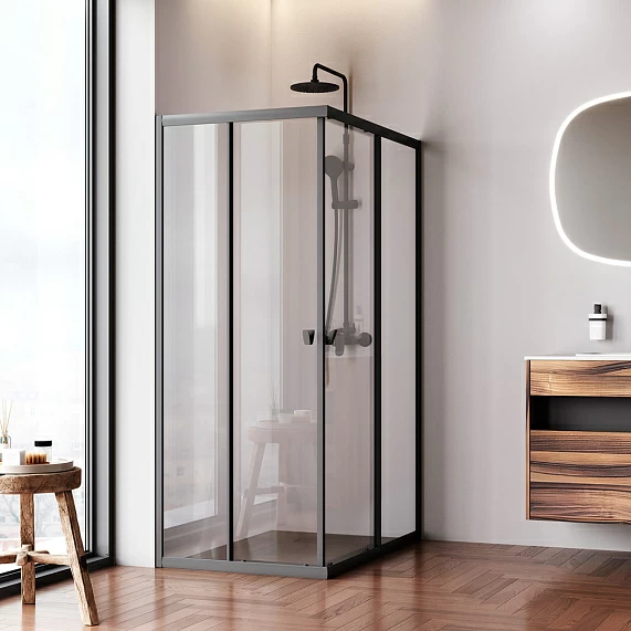 Душевое ограждение Am.Pm Sunny 120x80 см без поддона, с раздвижной дверью, прозрачное закаленное стекло 4/5 мм, профиль черный матовый алюминий, прямоугольная