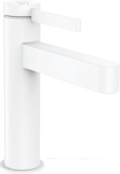 Смеситель для раковины Hansgrohe Finoris 110, CoolStart, однорычажный, фиксированный излив, длина излива 13,9 см, керамический, латунь, цвет матовый белый, со сливным клапаном Push-Open