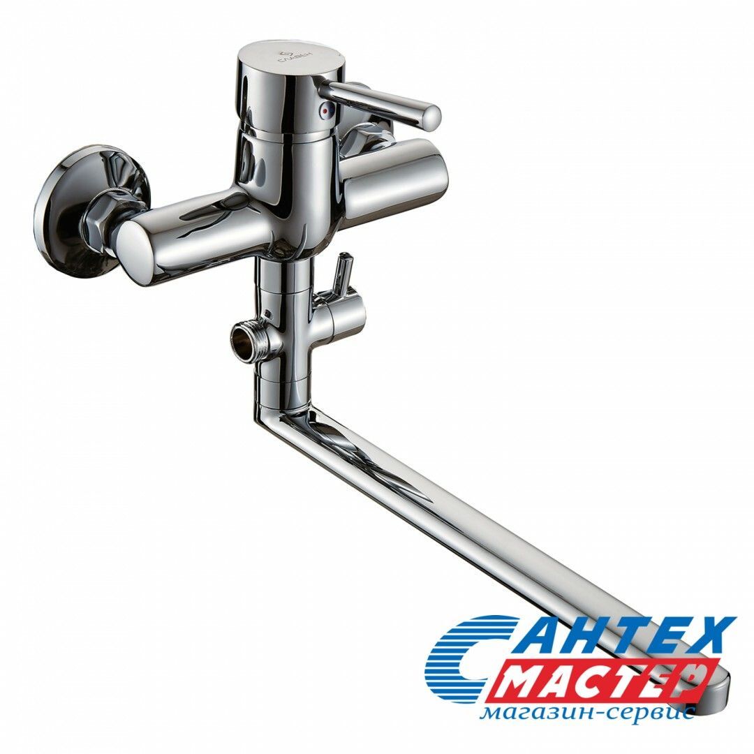 Смеситель для ванны/душа Славен однорычажный, керамический, настенный, излив поворотный 350 мм, с гибким шлангом, душем/лейкой, латунь, цвет хром, длинный, универсальный, горизонтальный, рычажный, кран, комплект, сантехника, размер, характеристики