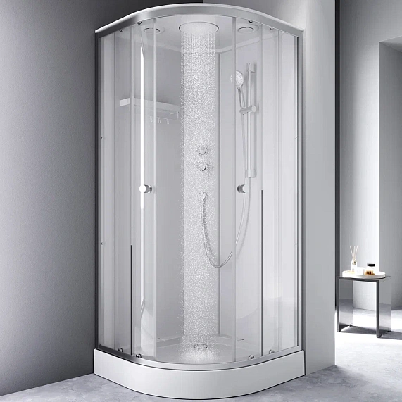 Душевая кабина AM.PM X-Joy 90x90 см поддон низкий, четверть круга/угловая, стекло прозрачное 4 мм, заднее белое, с верхним душем, профиль серебристый, без гидромассажа, с крышей