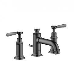 Смеситель для раковины Axor Montreux 30, на 3 отверстия, двухвентильный, с рычаговыми рукоятками, фиксированный излив, длина излива 14,3 см, керамический, латунь, цвет шлифованный черный хром, со сливным гарнитуром