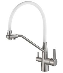 Смеситель для кухни/мойки ZorG Steel Hammer 903, под фильтр, однорычажный, поворотный/гибкий излив, керамический картридж, длина излива 225 мм, латунь, цвет сатин/белый