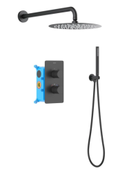 Душевая система Aquatek Европа 3 в 1 встраиваемая, цвет матовый черный, комплект: термостатический смеситель/тропический душ (с верхней лейкой)/кронштейн/лейка/шланг, латунь, внутренний (скрытый) монтаж
