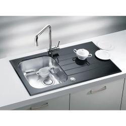 Мойка кухонная ALVEUS GLASSIX UP 10 RAL9005-90 86х50х18 см, врезная/встраиваемая сверху, с крылом, закаленное стекло/нержавеющая сталь, прямоугольная, цвет черный, с отверстием под смеситель