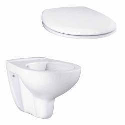 Унитаз подвесной Grohe Bau Ceramic, БЕЛЫЙ, горизонтальный (прямой, в стену) выпуск, с быстросьемным сиденьем микролифт, с крышкой (сиденье) ДЮРОПЛАСТ, безободковый