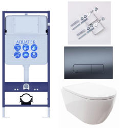 Комплект унитаза с инсталляцией Aquatek Поларис (Сет) c сиденьем микролифт, с клавишей смыва (кнопкой, клавишей двойного смыва) оружейная сталь матовая, клавиши прямоугольные, комплект крепления