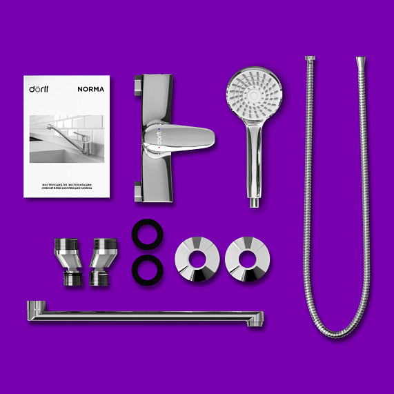 Смеситель для ванны/душа Dorff Ultra однорычажный, керамический, настенный, излив поворотный 322 мм, с гибким шлангом/лейкой, латунь, цвет хром