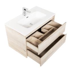 Тумба под раковину BelBagno Kraf 90, 90х46х53 см, подвесная, 2 выкатных ящика, ЛДСП, цвет: белый дуб галифакс, шкафчик навесной, механизм доводчика, прямоугольная