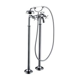 Смеситель для ванны Axor Montreux напольный, двухвентильный, с крестообразными рукоятками, неповоротный, латунный, длина излива 23,4 см, керамический, цвет хром, с душевым шлангом/держателем/лейкой