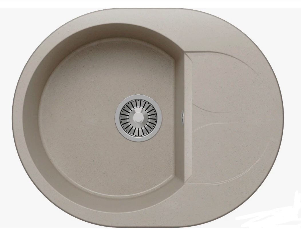 Мойка Polygran Atol-620 62х50х21.6 см, врезная, с правым/левым крылом, из искусственного камня, овальная, цвет серая, без отверстия под смеситель, слив-перелив, с сифоном, для кухни
