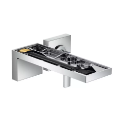 Смеситель для раковины Axor MyEdition, без панели, однорычажный, настенный/встраиваемый, скрытого монтажа, фиксированный излив, длина излива 22,1 см, керамический, латунь, цвет полированное золото, незапираемый сливной набор