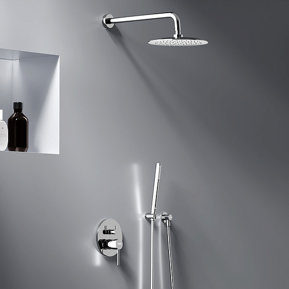 Душевая система Damixa Scandinavian Pure встраиваемая, цвет хром, комплект: смеситель/тропический душ круглый (с верхней лейкой)/лейка/шланг, латунь/ABS-пластик/ПВХ, скрытого монтажа 