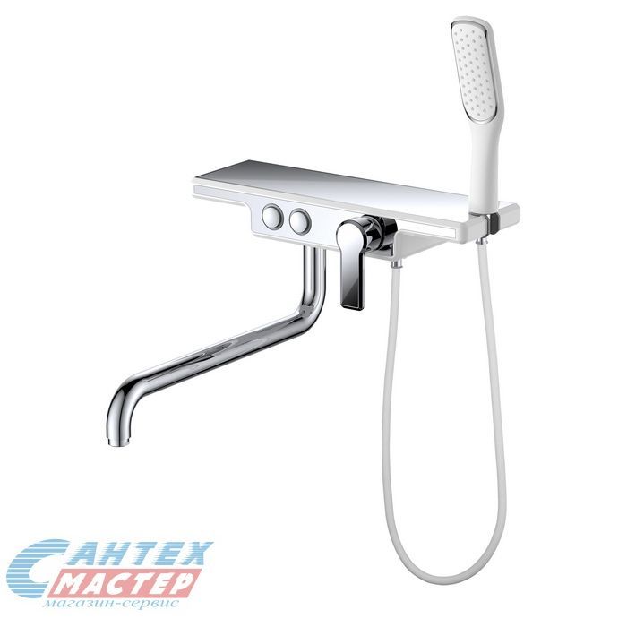 Смеситель для ванны/душа D&K однорычажный, керамический, настенный, излив длинный литой 380 мм, с гибким шлангом, с белым душем/лейкой, латунь хром, горизонтальный, фиксированный, однорукий, кран, комплект, сантехника, размер, характеристики