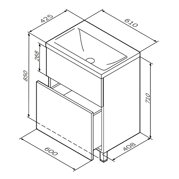 Тумба под раковину AM.PM Gem 60, 600x410x710 мм, напольная, цвет графит матовый, 2 выдвижных ящика, под раковину/умывальник, прямоугольная, универсальная