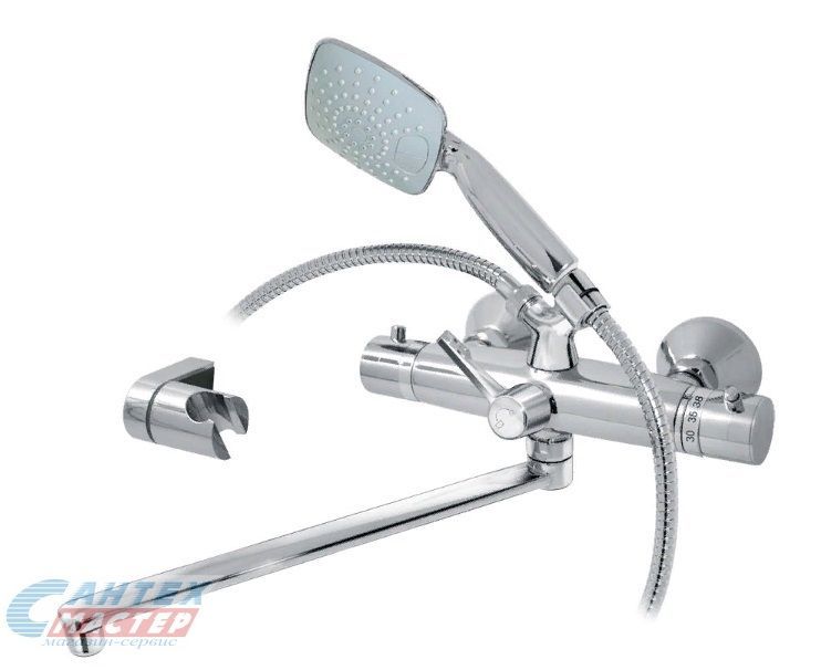 Смеситель для ванны/душа Варион Каскад термостатный, керамический, настенный, излив поворотный 330 мм, с гибким шлангом, душем/лейкой, латунь, цвет хром, длинный, универсальный, горизонтальный, кран, комплект, сантехника, размер, характеристики