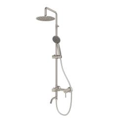 Душевая система Dorff Logic, высота 900-1200 мм, цвет нержавеющая сталь, комплект: смеситель/излив/тропический душ круглый (с верхней лейкой)/стойка/лейка/шланг, нержавеющая сталь/пластик