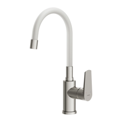 Смеситель для кухни/мойки Cersanit Moduo однорычажный, поворотный/гибкий излив, керамический, высота 237 мм, длина 220 мм, нержавеющая сталь/силикон, цвет сатин/белый