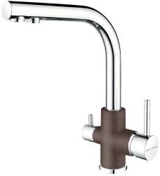 Смеситель для кухни/мойки Paulmark Essen, с подключением к фильтру/биканальный, однорычажный, поворотный излив, керамический картридж, высокий, длина излива 197 мм, латунь, цвет кофе/хром