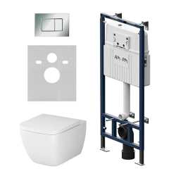 Комплект унитаза с инсталляцией AM.PM Gem FlashClean, c сиденьем микролифт, с клавишей смыва (кнопкой, клавишей двойного смыва) хром глянец, система для подвесного унитаза, со скрытым смывным бачком (бак), с подвесным унитазом