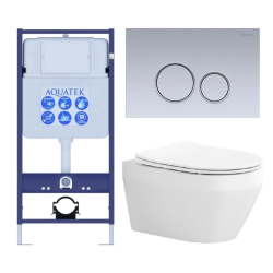 Комплект унитаза с инсталляцией Aquatek Лея (Сет) c сиденьем микролифт, с клавишей смыва (кнопкой, клавишей двойного смыва) хром матовый, комплект крепления