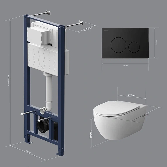 Комплект унитаза с инсталляцией AM.PM Awe, c сиденьем микролифт, с клавишей смыва (кнопкой, клавишей двойного смыва) черная матовая, система для подвесного унитаза, со скрытым смывным бачком (бак), с подвесным унитазом