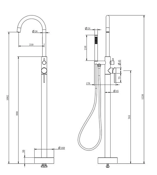 Смеситель для ванны/душа Knotlor Eclipse напольный, однорычажный, поворотный, длина 210 мм, керамический, нержавеющая сталь, цвет матовая сталь