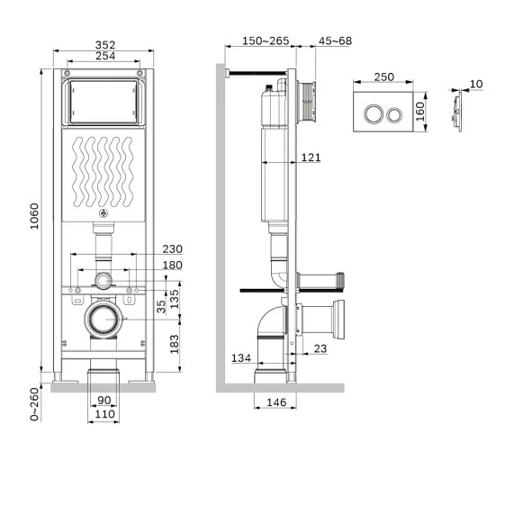 Инсталляция AM.PM ErgoFit с механической клавишей ErgoFit L цвет хром (клавиша смыва, двойного слива), система для подвесного унитаза, со скрытым смывным бачком (бак), комплект