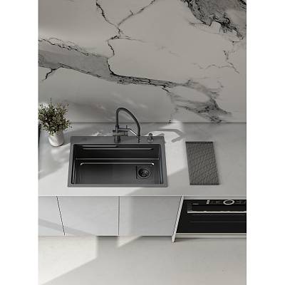 Мойка кухонная Raglo R702.7246.09 цвет графит, 720х460х208 мм нержавеющая сталь, прямоугольная, с отверстием под смеситель, без крыла, слив-перелив, врезная