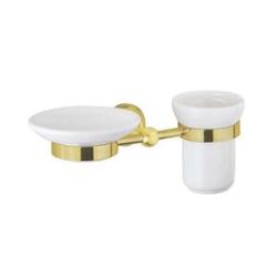 Стакан с мыльницей Cezares APHRODITE, настенный, латунь/керамика, форма округлая, для зубных щеток/мыла в ванную/туалет/душевую кабину, цвет золото 24 карат