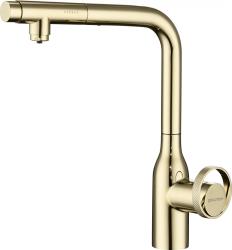 Смеситель для кухни/мойки Paulmark Urban, с подключением фильтра питьевой воды, однорычажный, поворотный/выдвижной излив, керамический, высокий, длина излива 214 мм, латунь, цвет золото