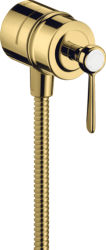Шланговое подсоединение Axor Montreux Fixfit Stop, размер 6х6 см, цвет полированное золото, круглое, латунное, с клапаном обратного тока, с запорным вентилем, с крестообразной рукояткой, подключение для душевого шланга