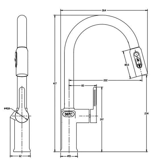 Смеситель для кухни/мойки Knotlor Inspiration, однорычажный, поворотный/выдвижной, с индикатором температуры, керамический, длина излива 175 мм, латунь, цвет бронза матовая