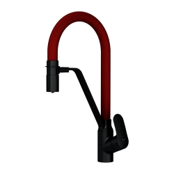 Смеситель для кухни/мойки AM.PM Like, с каналом для питьевой воды, однорычажный, поворотный, керамический картридж, высокий, гибкий излив, длина излива 219 мм, латунь, цвет черный/красный