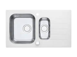 Мойка кухонная ALVEUS GLASSIX UP 20 86х50х18 см, врезная/встраиваемая сверху, две чаши, с крылом, закаленное стекло/нержавеющая сталь, прямоугольная, цвет белый, с отверстием под смеситель