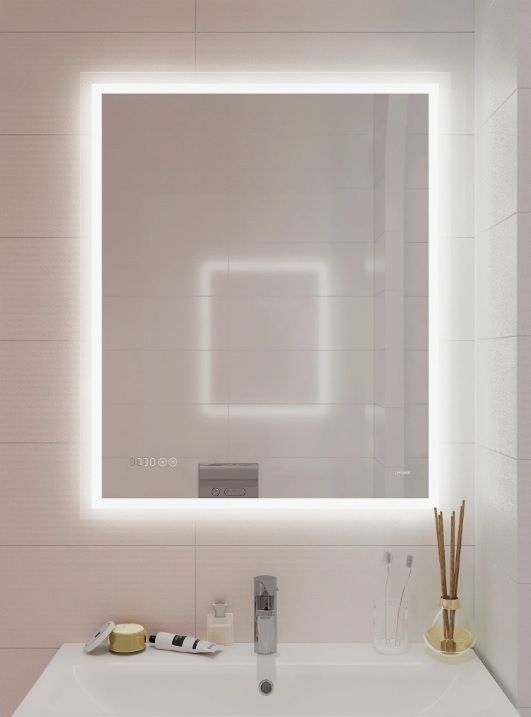 Зеркало Cersanit LED 080 design pro, 60х85х4 см, с LED/ЛЕД-подсветкой, часы/датчик температуры, прямоугольное, с антизапотеванием, выключатель сенсорный, для ванны