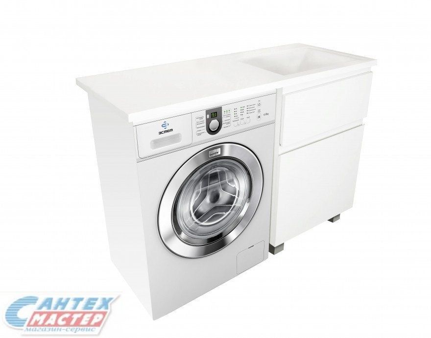 Тумба ESTET LUX Эстет Dallas Luxe 115х48.2 см, с раковиной столешницей над стиральной машиной, с правым крылом, напольная, 2 ящика, прямоугольная, литьевой мрамор, цвет белый, без отверстия под смеситель