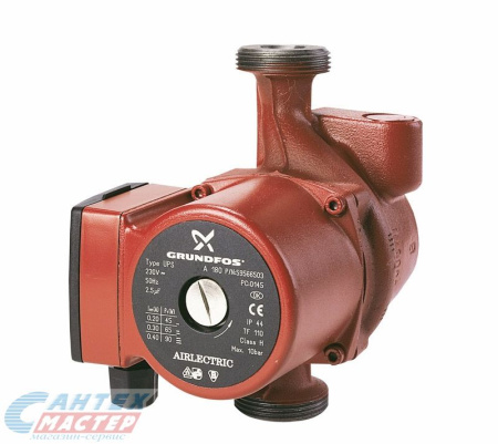 Насос циркуляционный GRUNDFOS UPS 25/40-180, L180 мм, 2.8 м³/ч, напор 4 м, 10 бар, 0,045 кВт, 230 В, с гайками, повышающий давление, для систем отопления частных домов, квартир