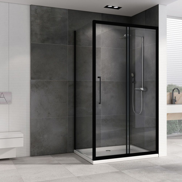 Душевой уголок ABBER Schwarzer Diamant 180х90 см, без поддона, прямоугольный, угловой, стекло закаленное, (без сифона) без крыши, раздвижной, стеклянный, пластиковый, алюминиевый профиль (черный)