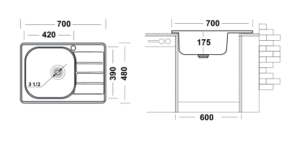 Мойка Ukinox Спектр, 70х48 см, врезная, стальная, прямоугольная, цвет нержавеющая сталь, с отверстием под смеситель, слив-перелив, с крылом, SPM700.480 -GT6K 2L