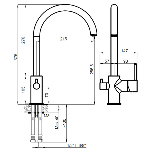 Смеситель для кухни/мойки Azario TASCO AZ-15164421 с подключением к фильтру для питьевой воды, однорычажный, поворотный, керамический картридж, высокий, длина излива 215 мм, латунь, цвет хром