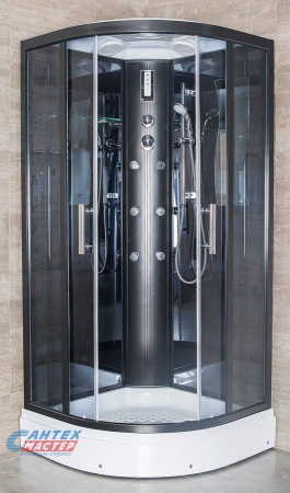 Душевая кабина 100x100x215 см Comfort Erlit поддон низкий, полукруглая, угловая, с сиденьем, заднее стекло черное, двери тонированные, с гидромассажем, с верхним душем, смеситель, профиль хром матовый, прозрачное стекло, белая, закрытая