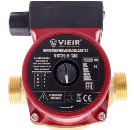 Насос циркуляционный VIEIR VRT20-6-130, D20 мм, L130 мм, 1.2 м³/ч, напор 6 м, 10 бар, 0,093 кВт, 220 В, с гайками