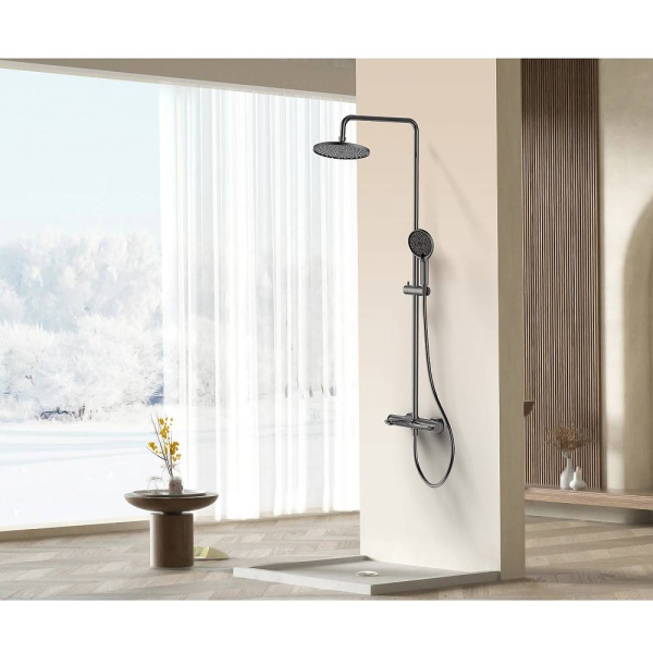 Душевая система Raglo R32.24.09 со смесителем, высота 635-1285 мм цвет графит, комплект: однорычажный смеситель/излив/тропический душ круглый (с верхней лейкой)/лейка/стойка/шланг, латунь