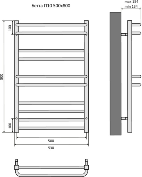 Полотенцесушитель Aquatek Бетта водяной П10 500х800 мм черный муар, нержавеющая сталь, лесенка, подключение нижнее